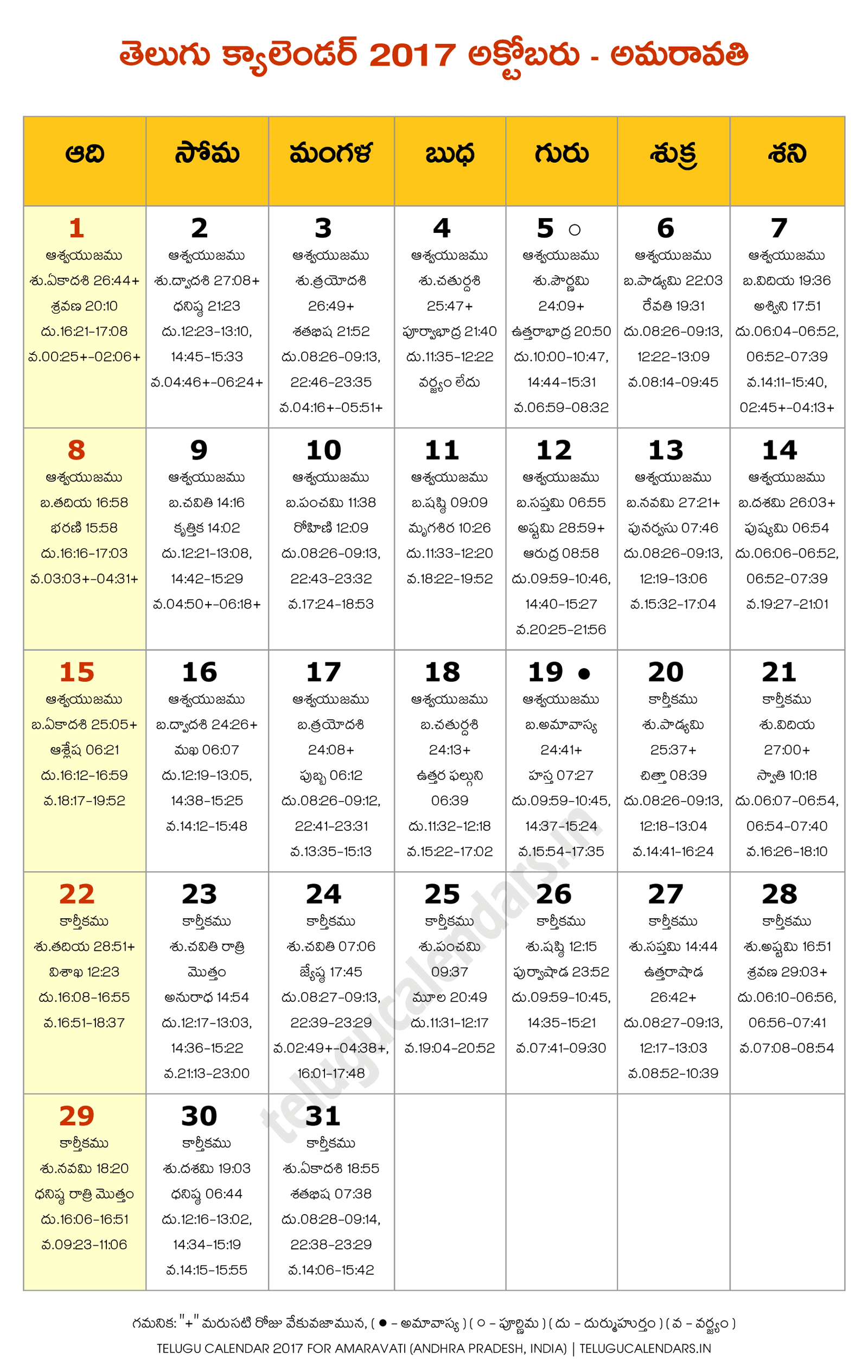 Amaravati 2017 October Telugu Calendar Telugu Calendars