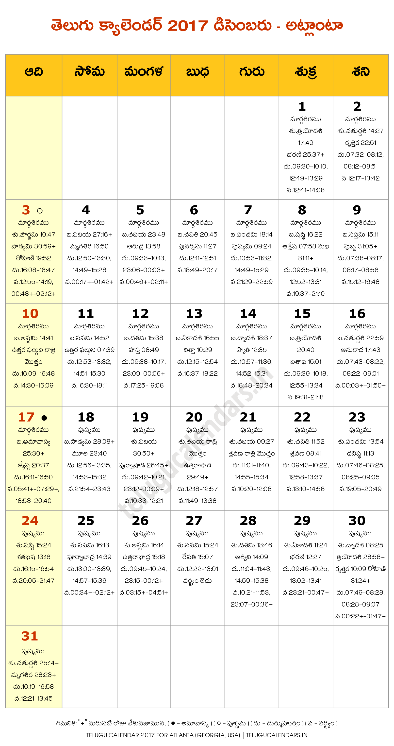 Atlanta 2017 December Telugu Calendar | Telugu Calendars