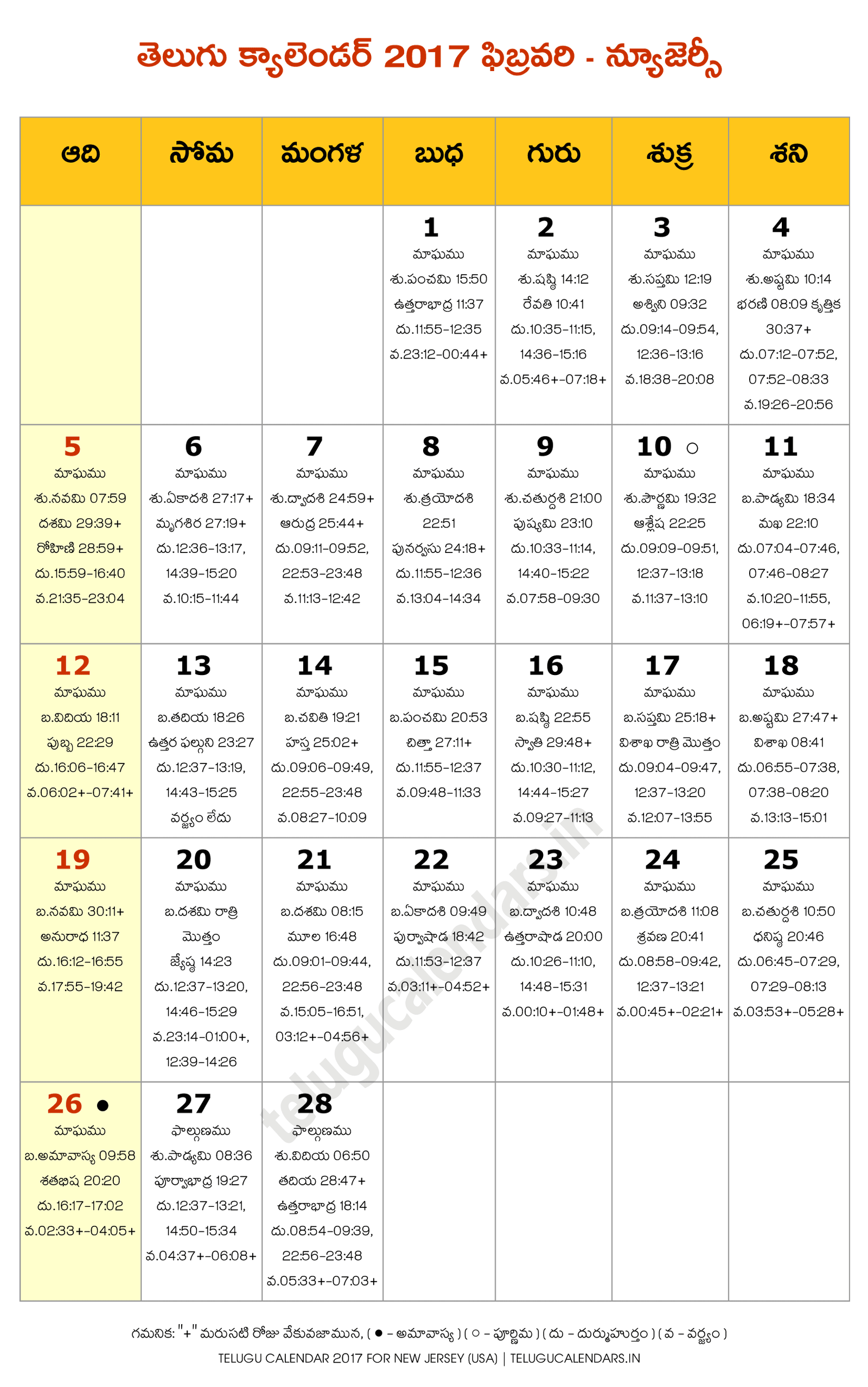 New Jersey 2017 February Telugu Calendar | Telugu Calendars
