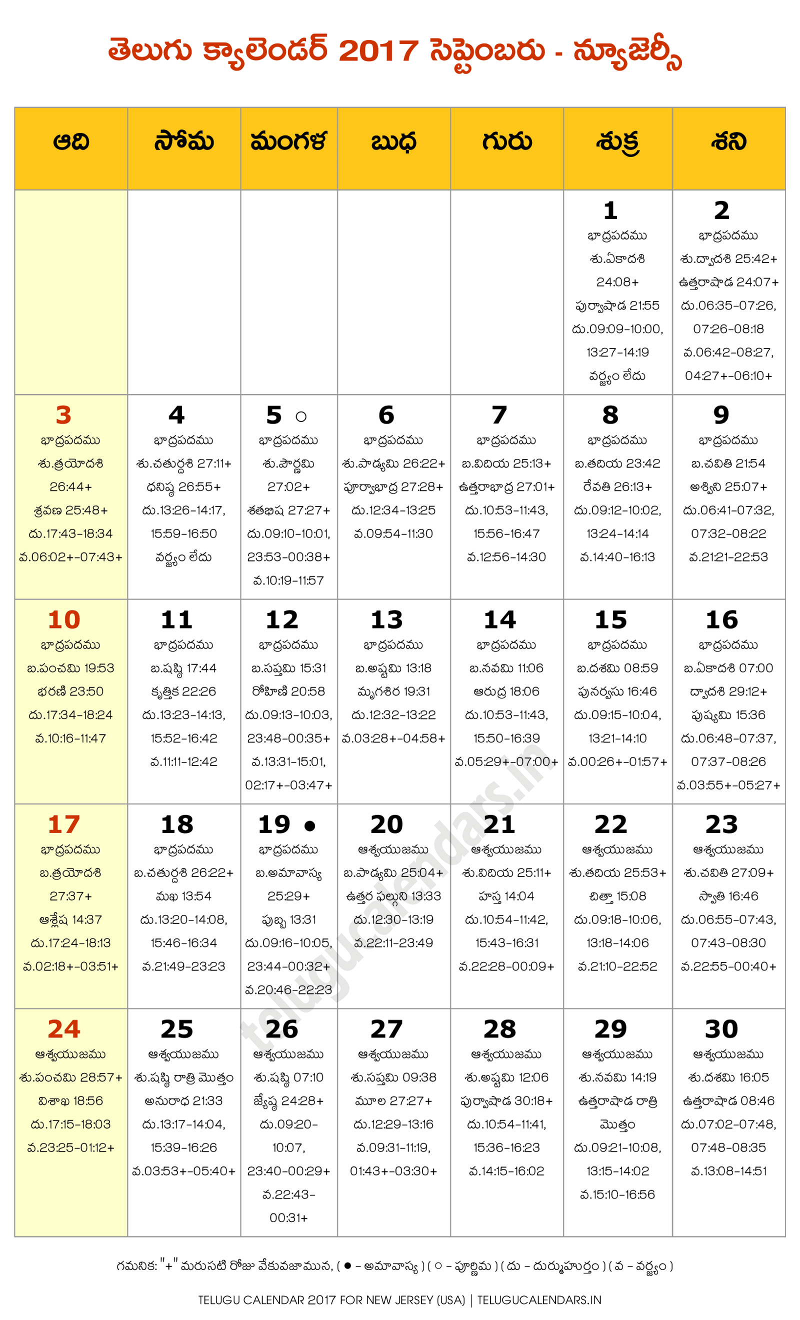 New Jersey 2017 September Telugu Calendar | Telugu Calendars