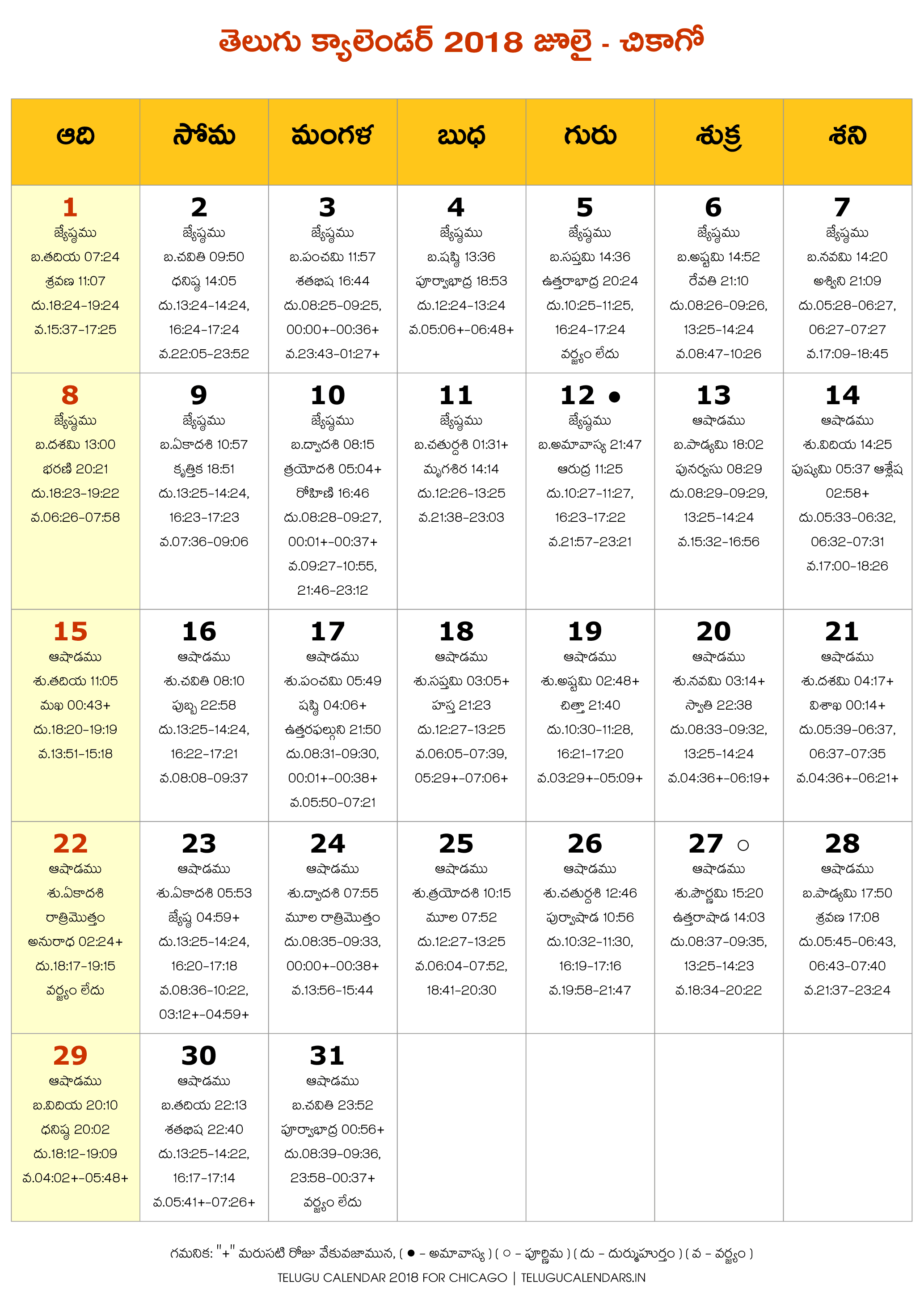 Chicago 2018 July Telugu Calendar | Telugu Calendars