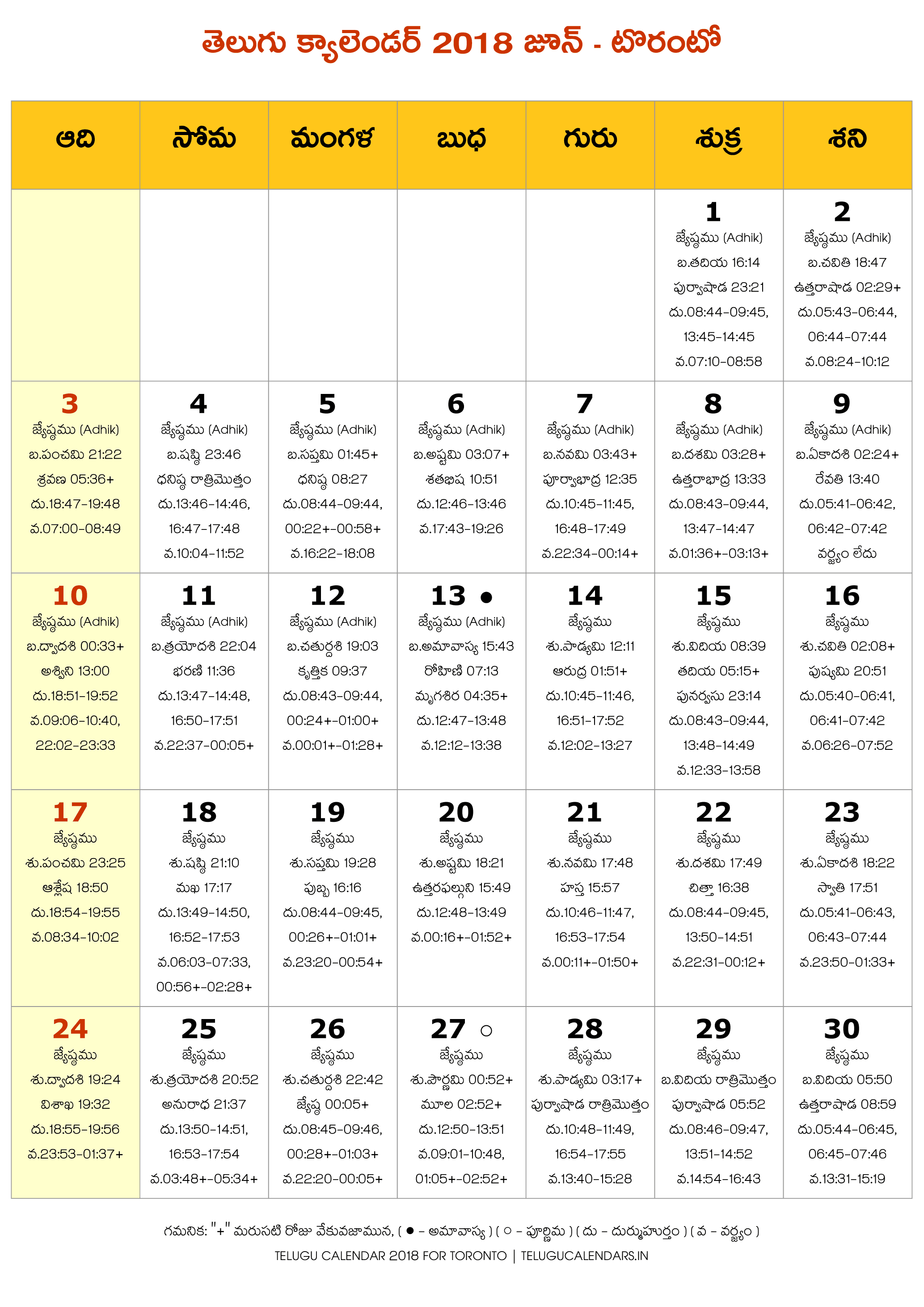 Toronto 2018 June Telugu Calendar 2024 Telugu Calendar PDF