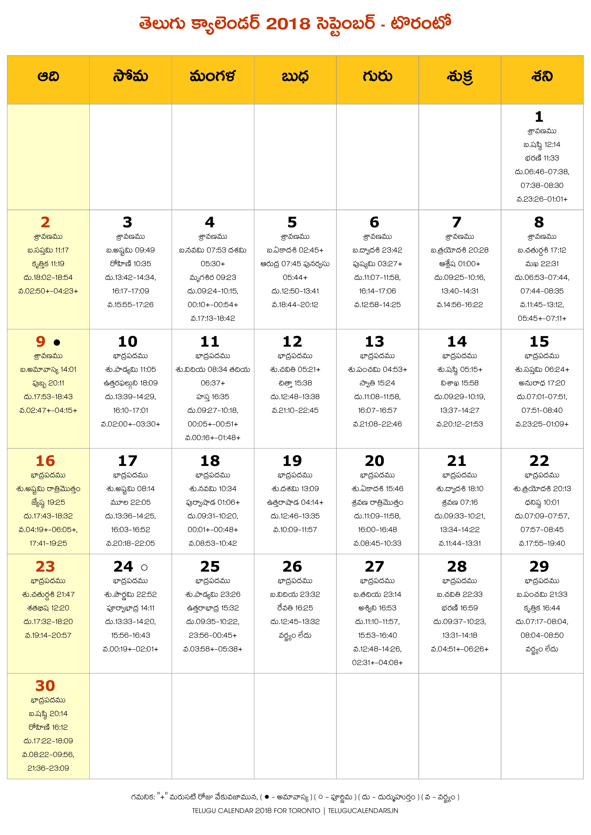 Toronto 2018 September Telugu Calendar 2024 Telugu Calendar PDF