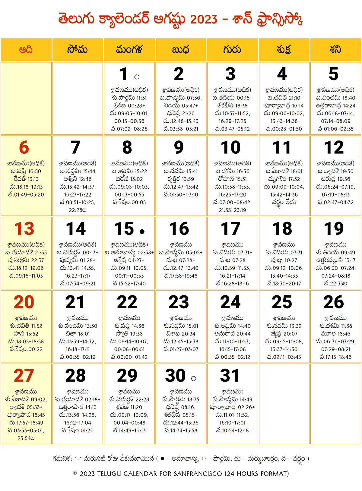 August 2023 Telugu Calendar San Francisco