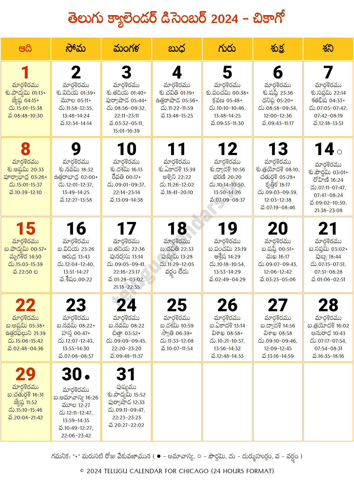 Chicago 2024 Telugu Calendar December
