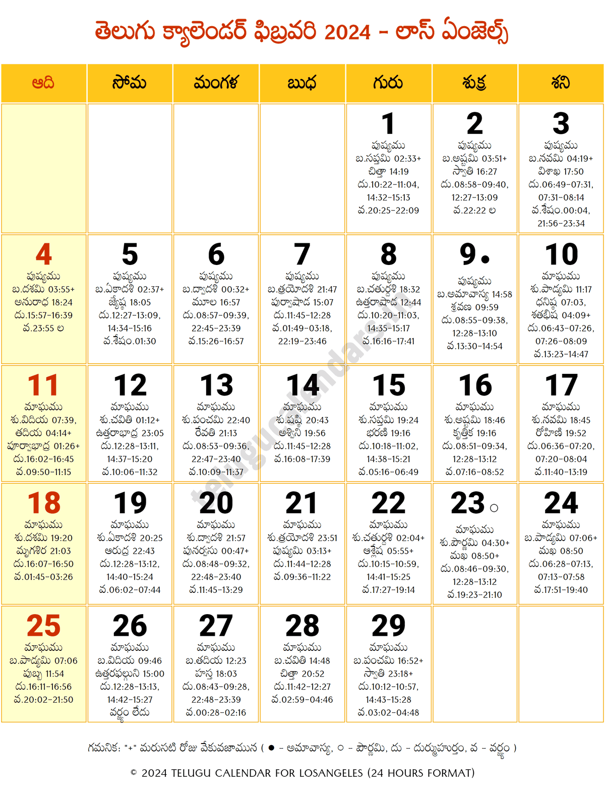 Los Angeles 2024 Telugu Calendar February
