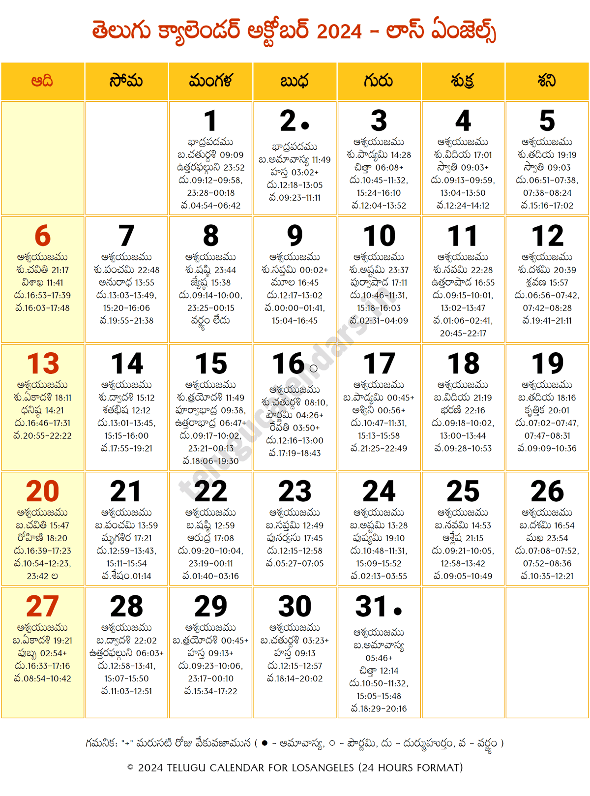 Los Angeles 2024 Telugu Calendar October