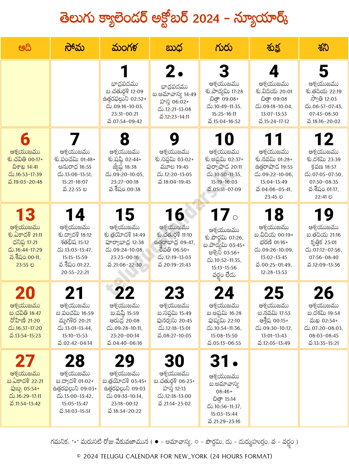 New York 2024 Telugu Calendar October