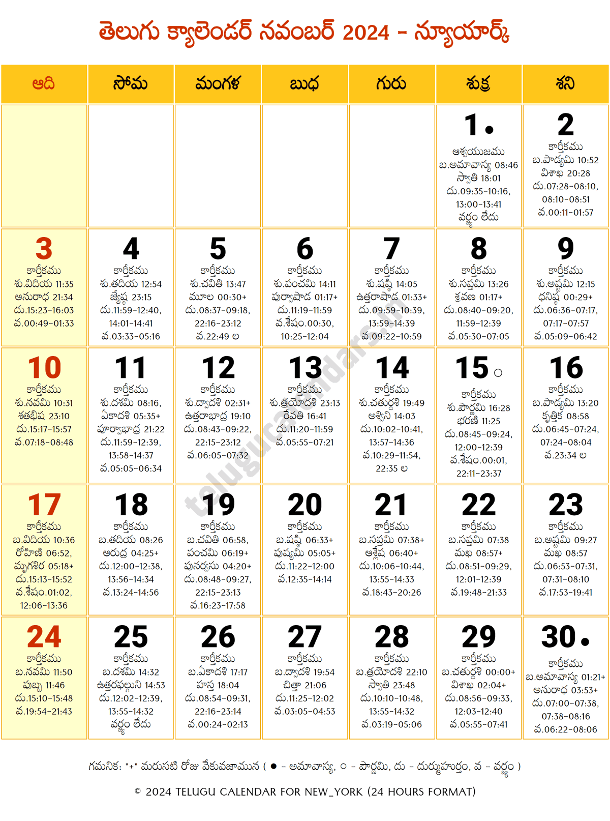 New York 2024 Telugu Calendar November