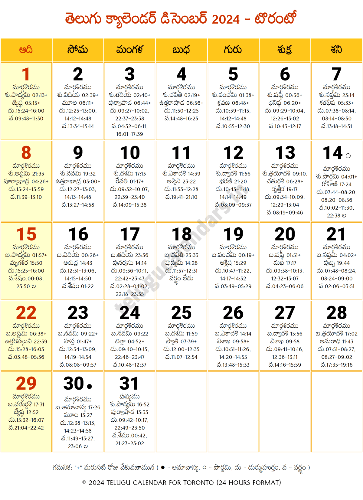 Toronto 2024 Telugu Calendar December