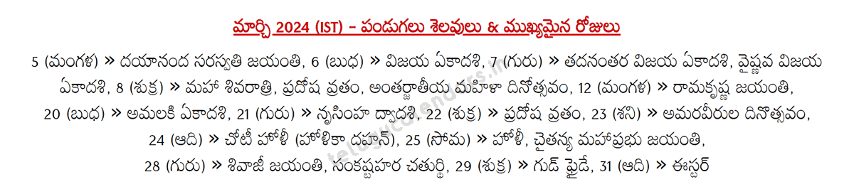 Telugu Festivals 2024 March (IST)