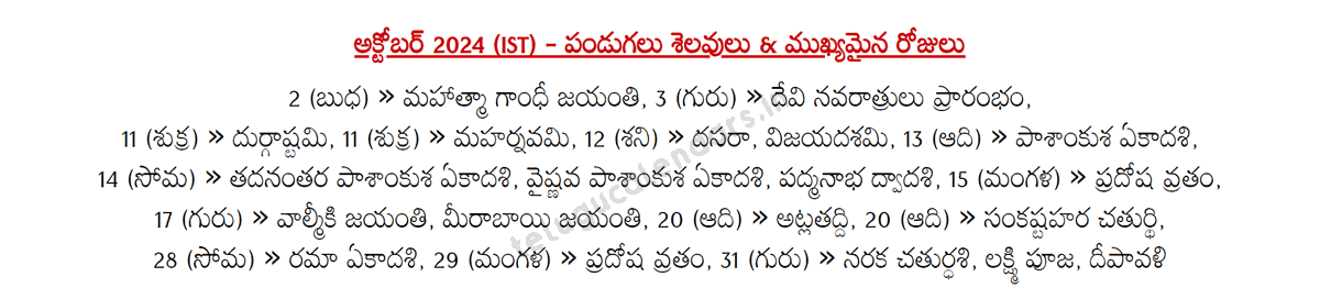 Telugu Festivals 2024 October (IST)