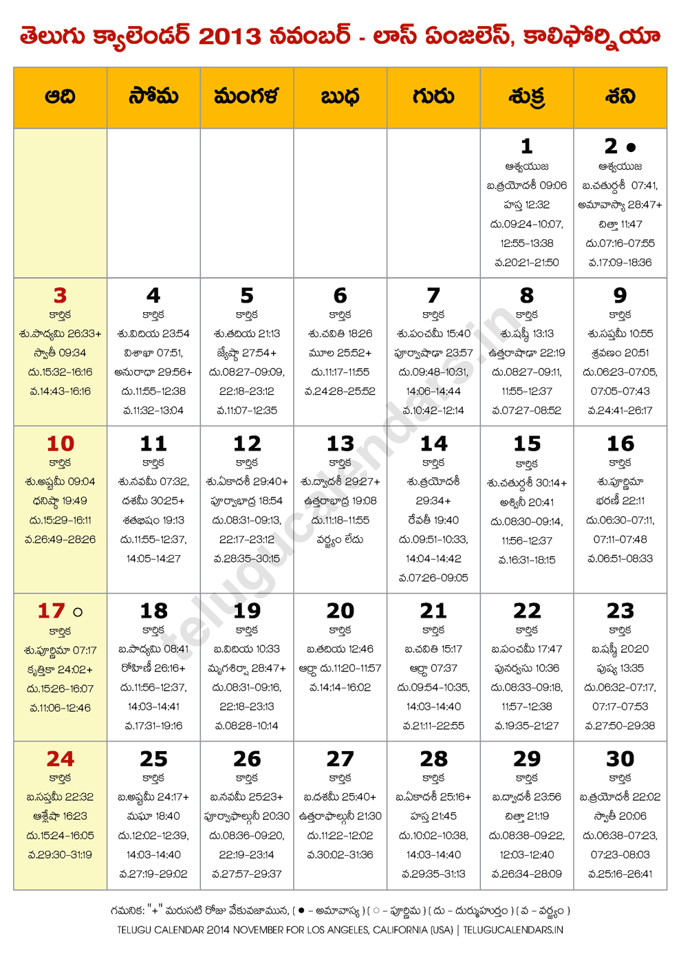 November 2013 Los Angeles Telugu Calendar PDF in Telugu, Los Angeles