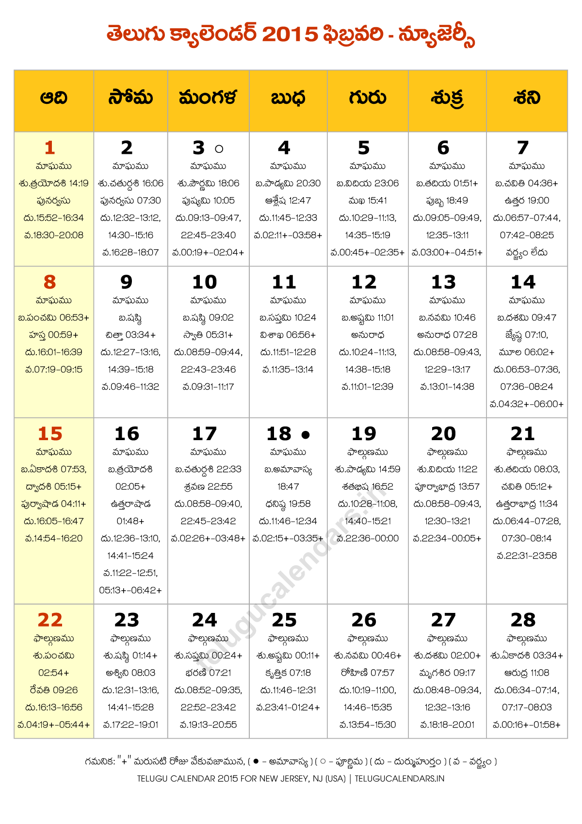 February 2015 Telugu Calendar New Jersey