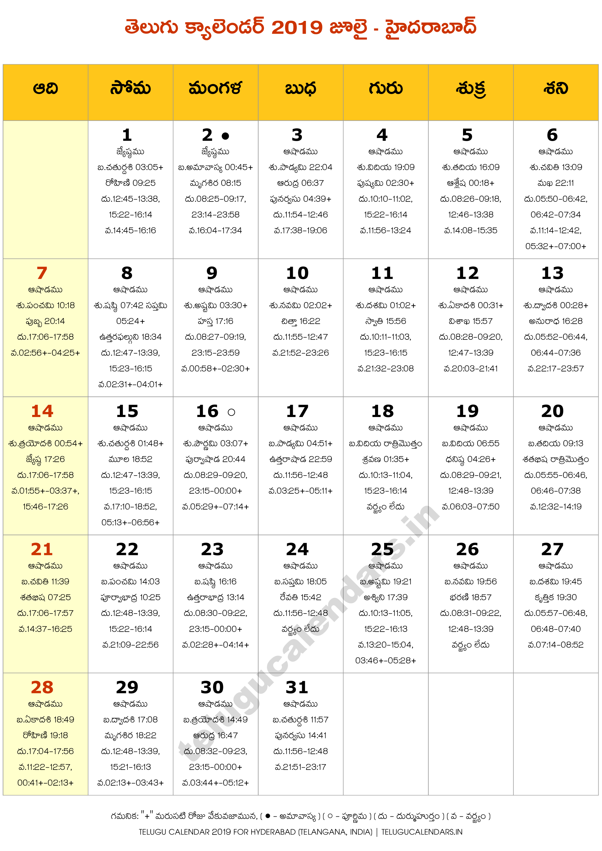 Hyderabad 2019 July Telugu Calendar Telugu Calendars