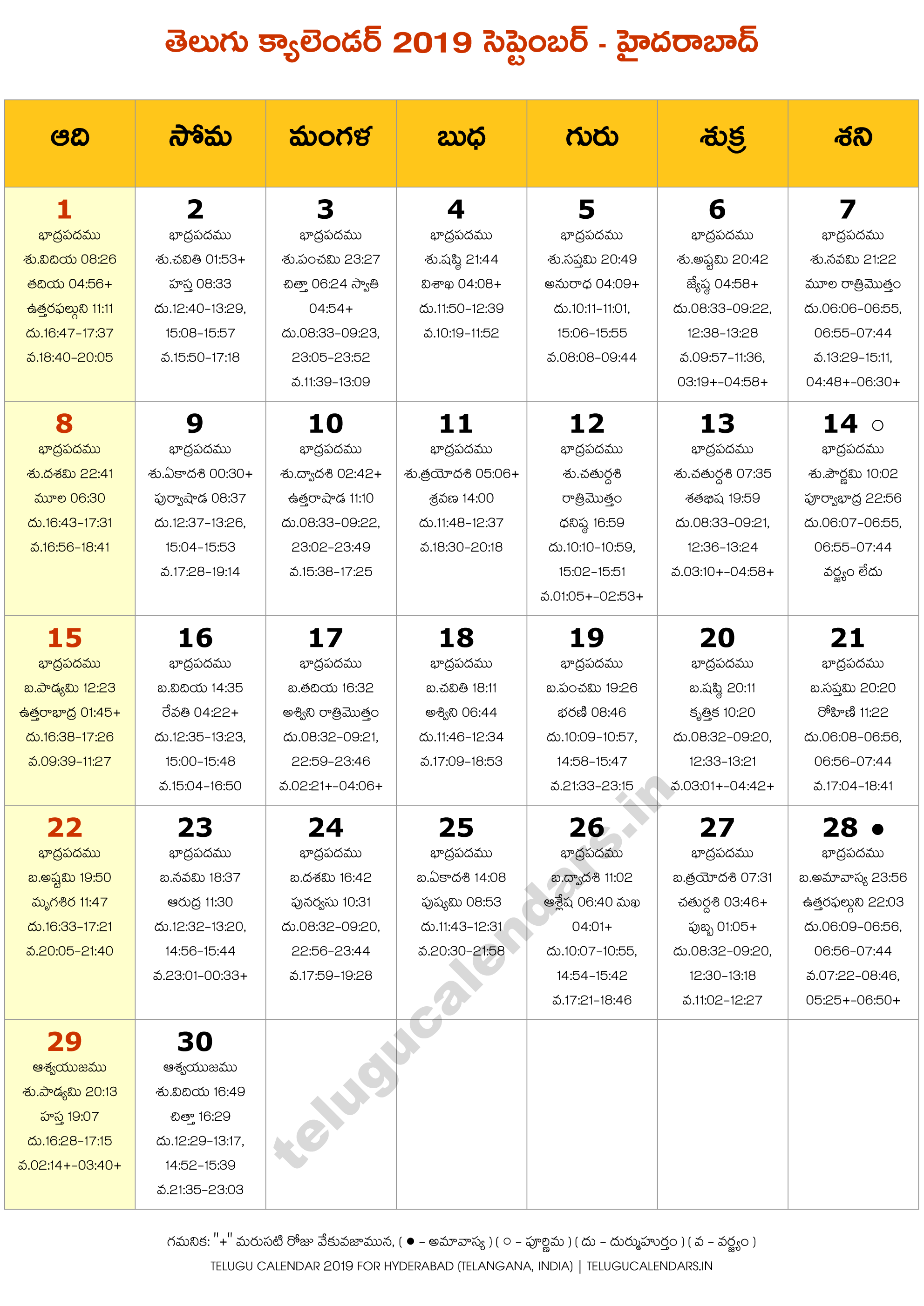 Hyderabad 2019 September Telugu Calendar 2024 Telugu Calendar PDF
