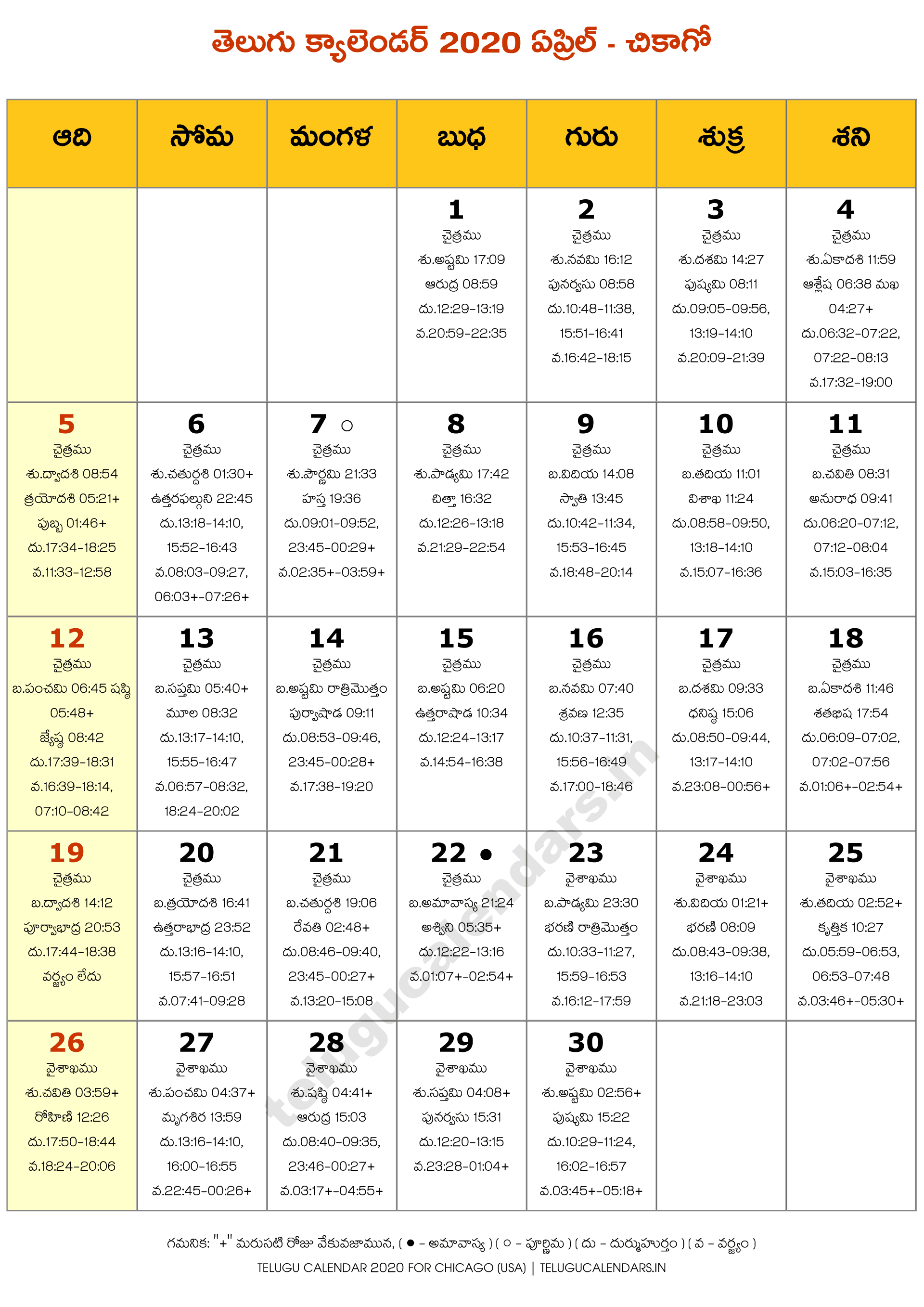 Chicago 2020 April Telugu Calendar 2024 Telugu Calendar PDF