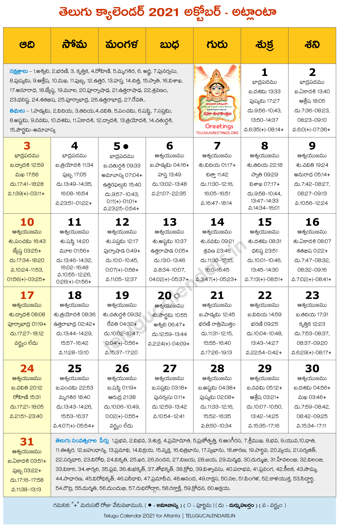 Atlanta 2021 October Telugu Calendar - 2022 Telugu Calendar PDF