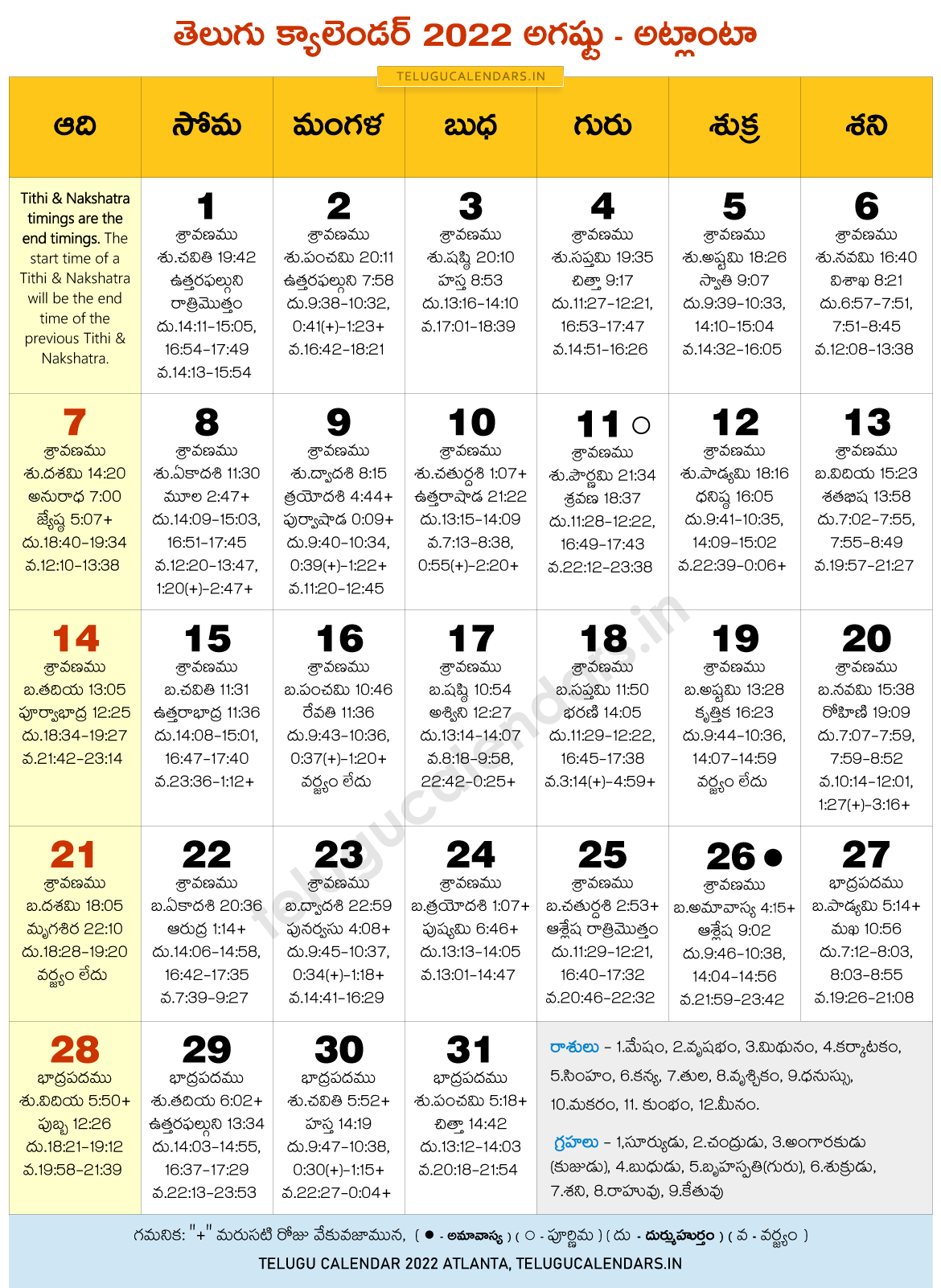 Atlanta 2022 August Telugu Calendar 2022 Telugu Calendar PDF