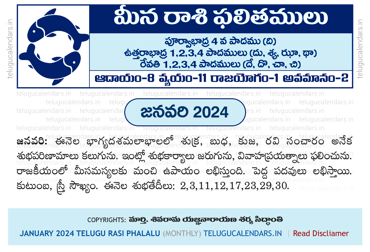 మీన రాశి మాస ఫలములు జనవరి 2024 January Rasi Phalalu 2024 Telugu
