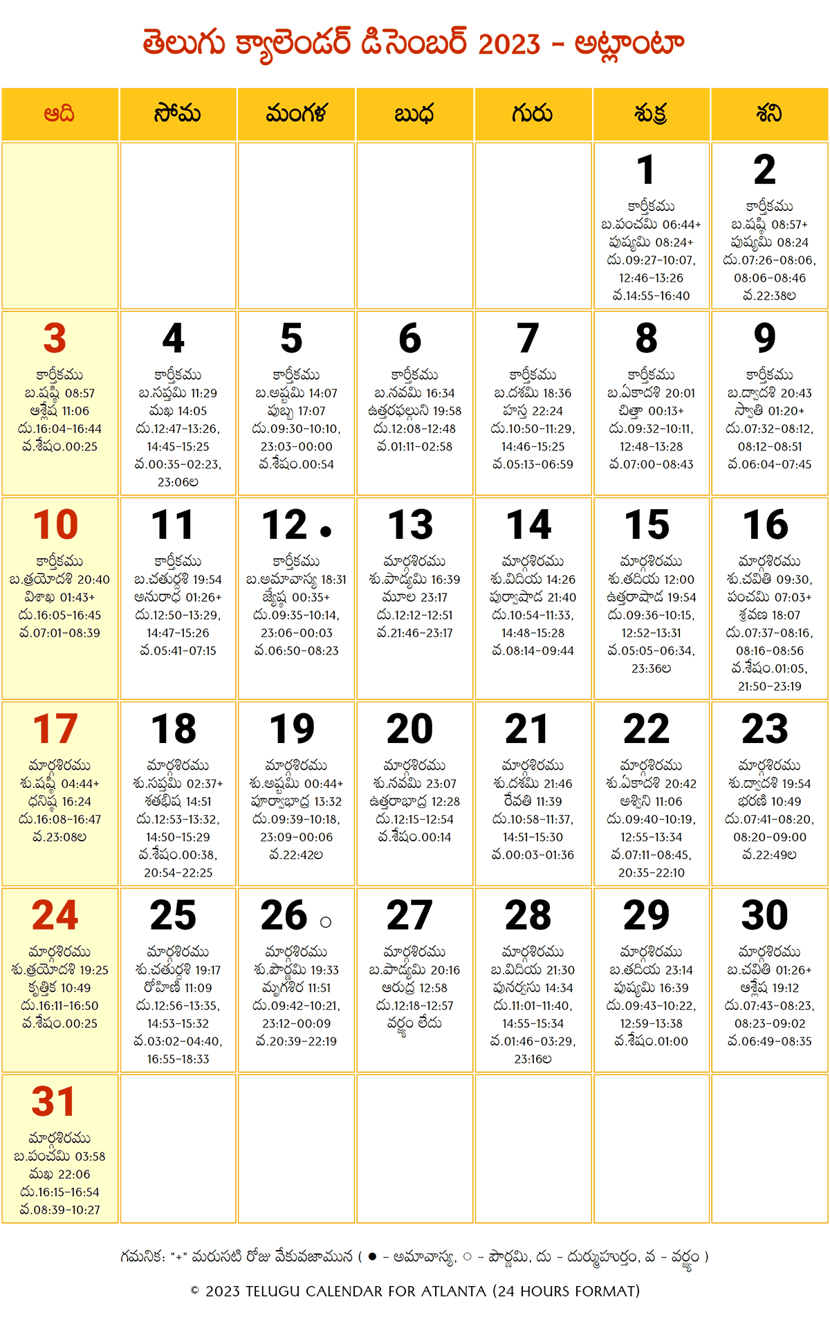 Atlanta Telugu Calendar 2023 December 2024 Telugu Calendar PDF