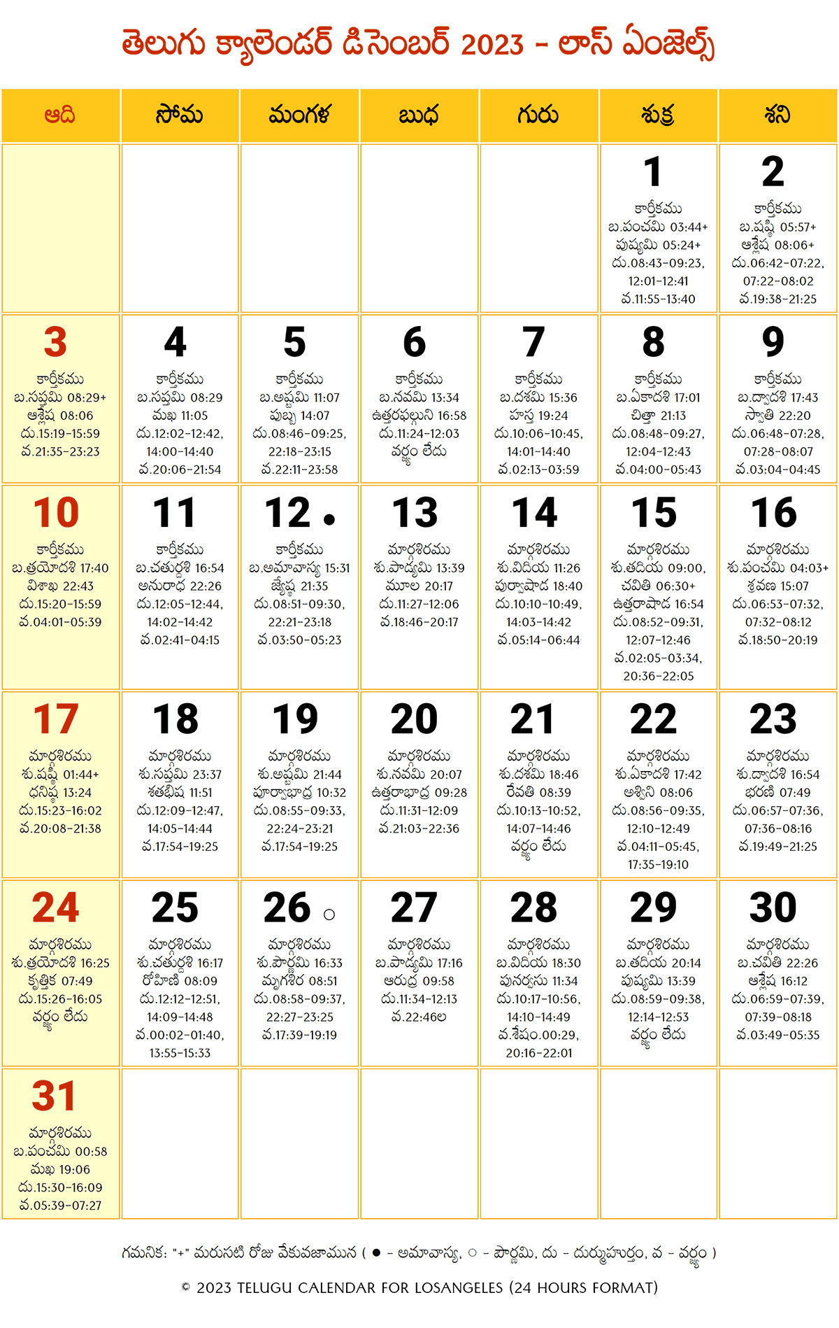 Los Angeles Telugu Calendar 2023 December 2024 Telugu Calendar PDF