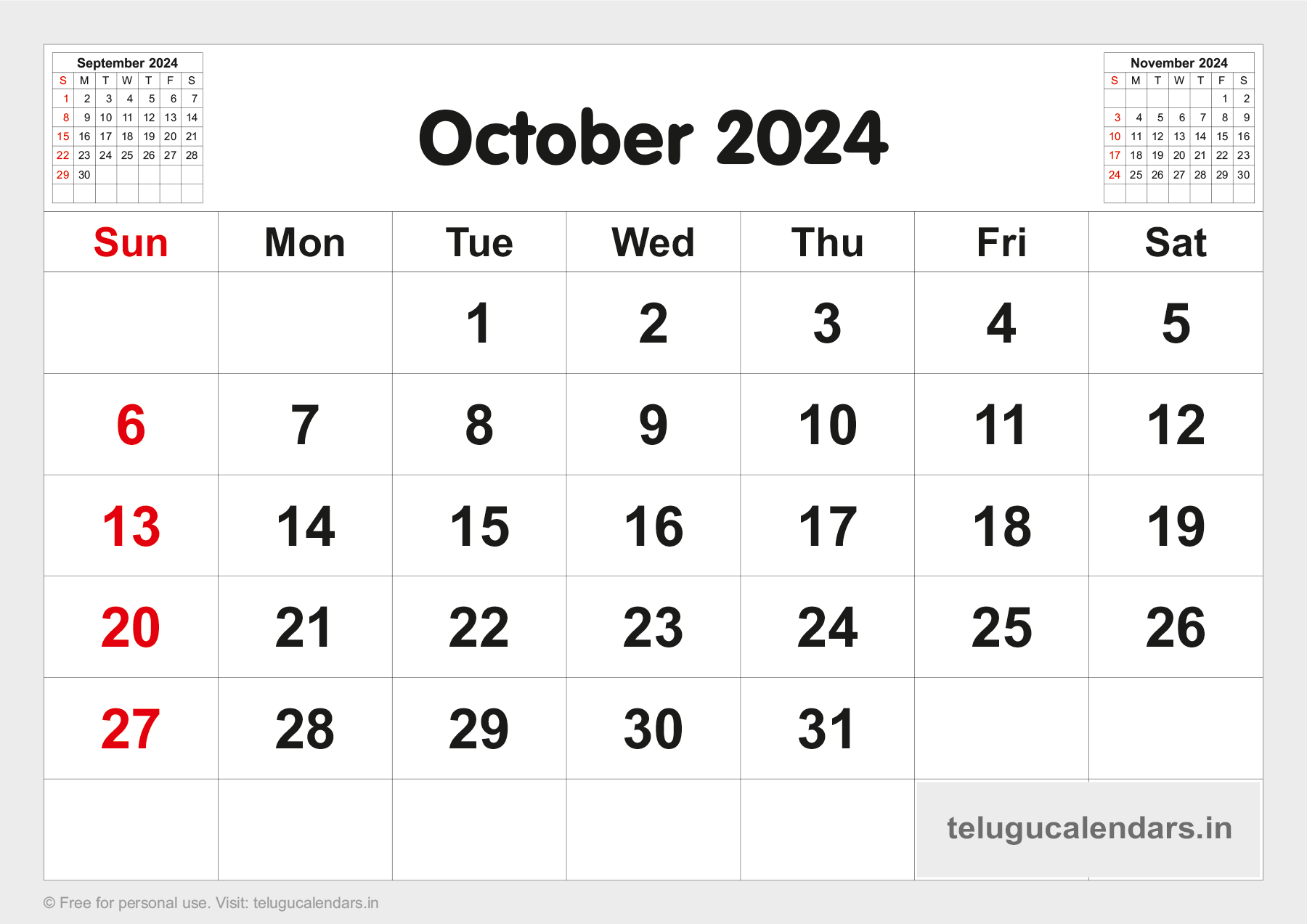 Telugu Blank Calendar 2024 October 2024 Telugu Calendar PDF