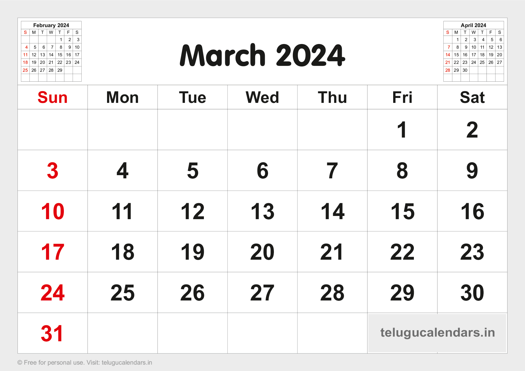 Telugu Blank Calendar 2024 March 2024 Telugu Calendar PDF