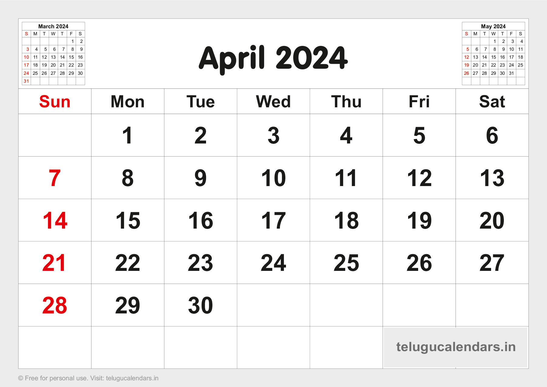 Telugu Blank Calendar 2024 April - 2024 Telugu Calendar PDF