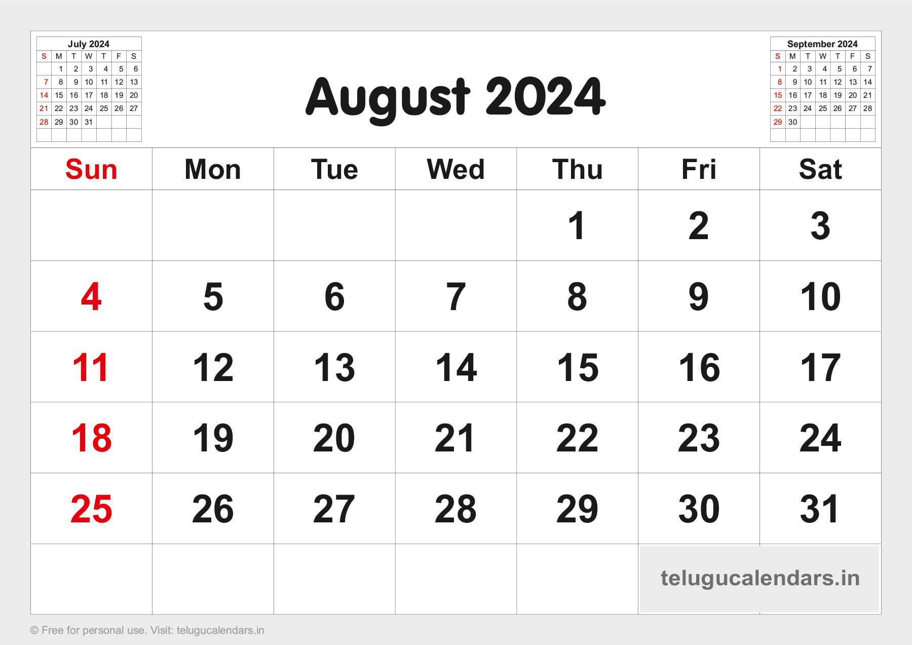Telugu Blank Calendar 2024 August 2024 Telugu Calendar PDF