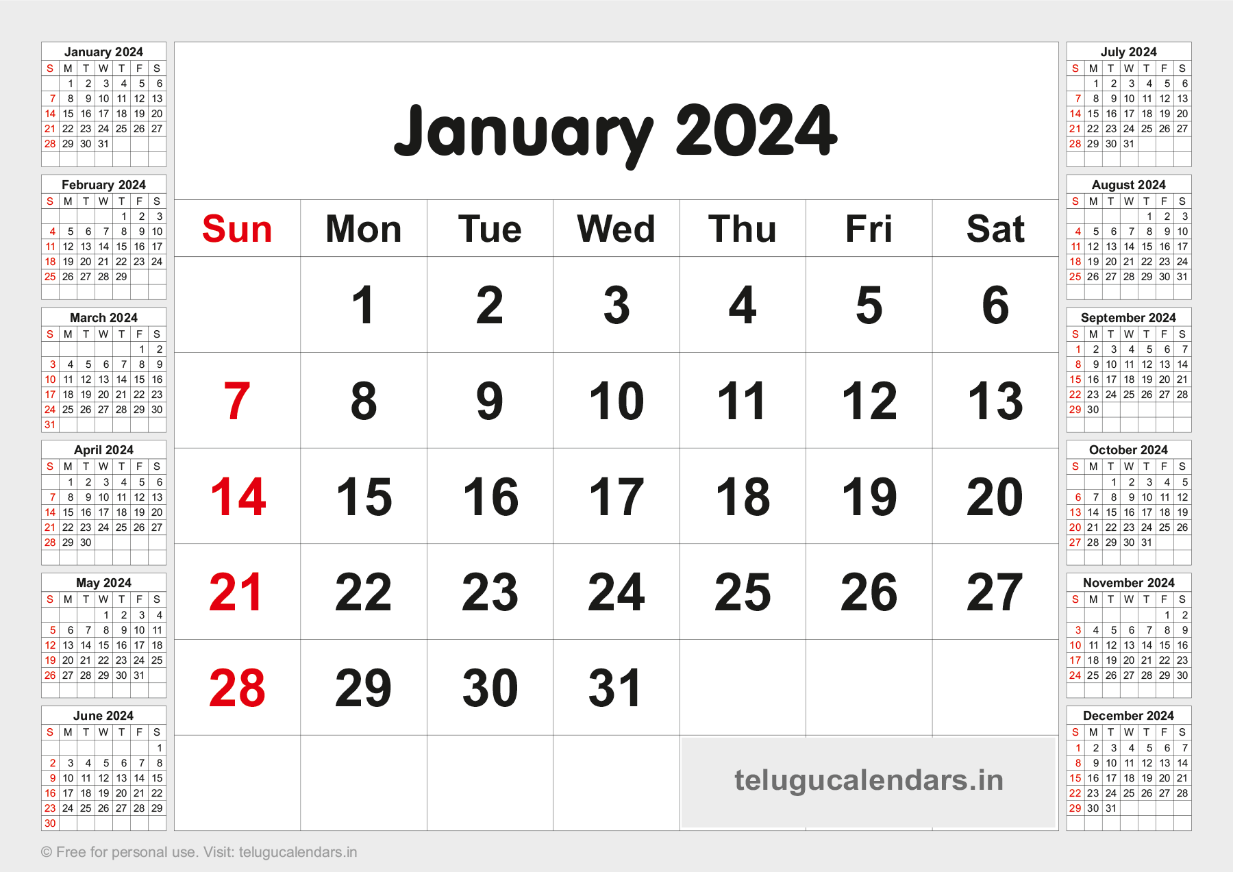 Telugu Blank Calendar 2024 January 2024 Telugu Calendar PDF
