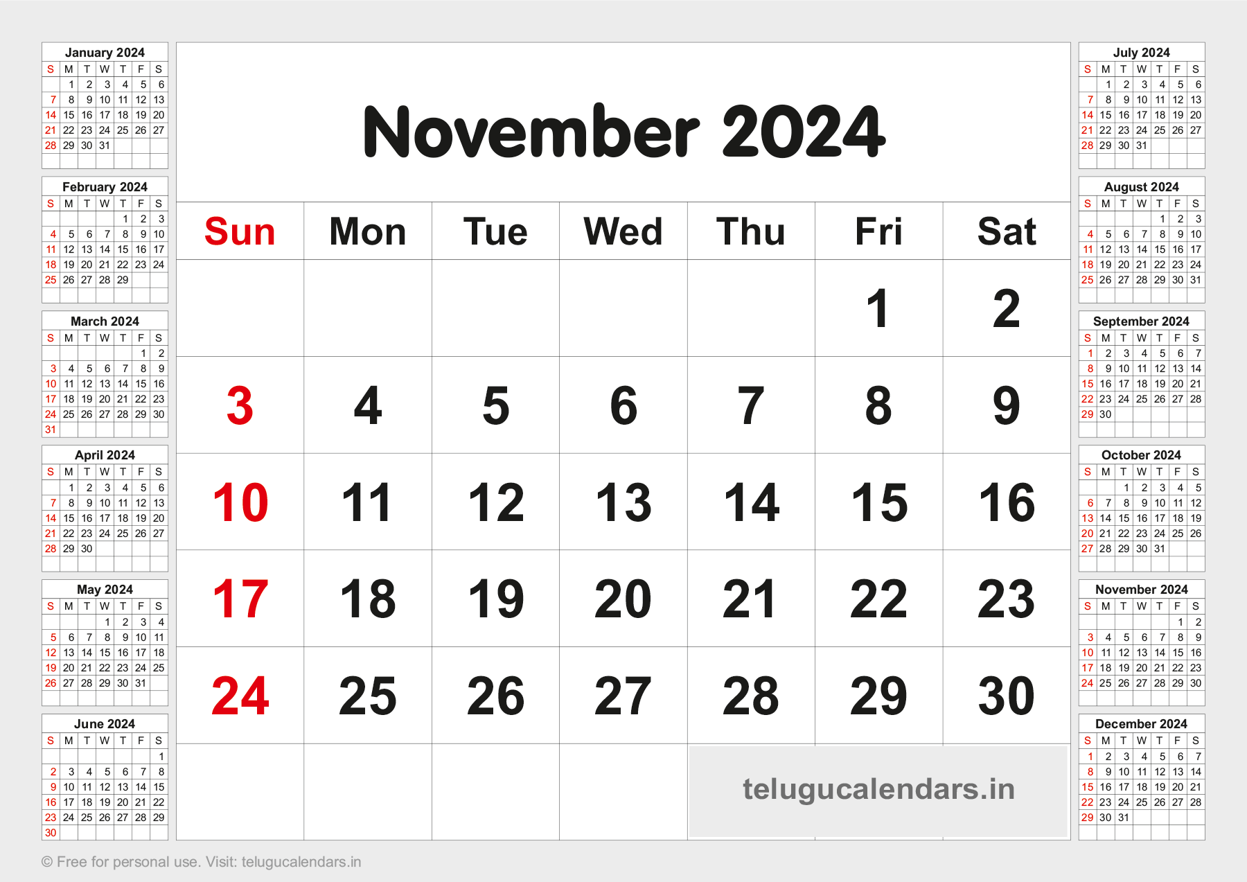 Telugu Blank Calendar 2024 November 2023 Telugu Calendar PDF