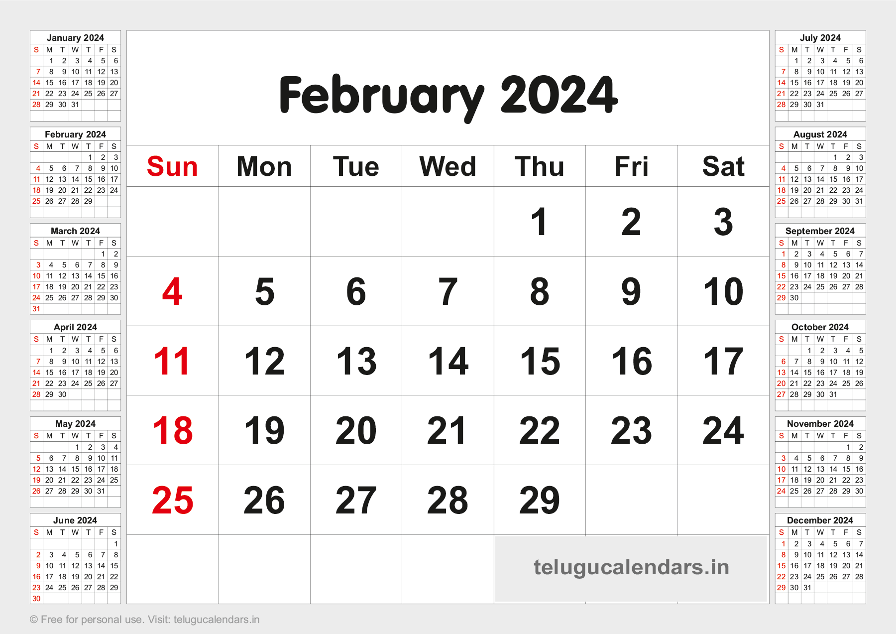 Telugu Blank Calendar 2024 February 2024 Telugu Calendar PDF