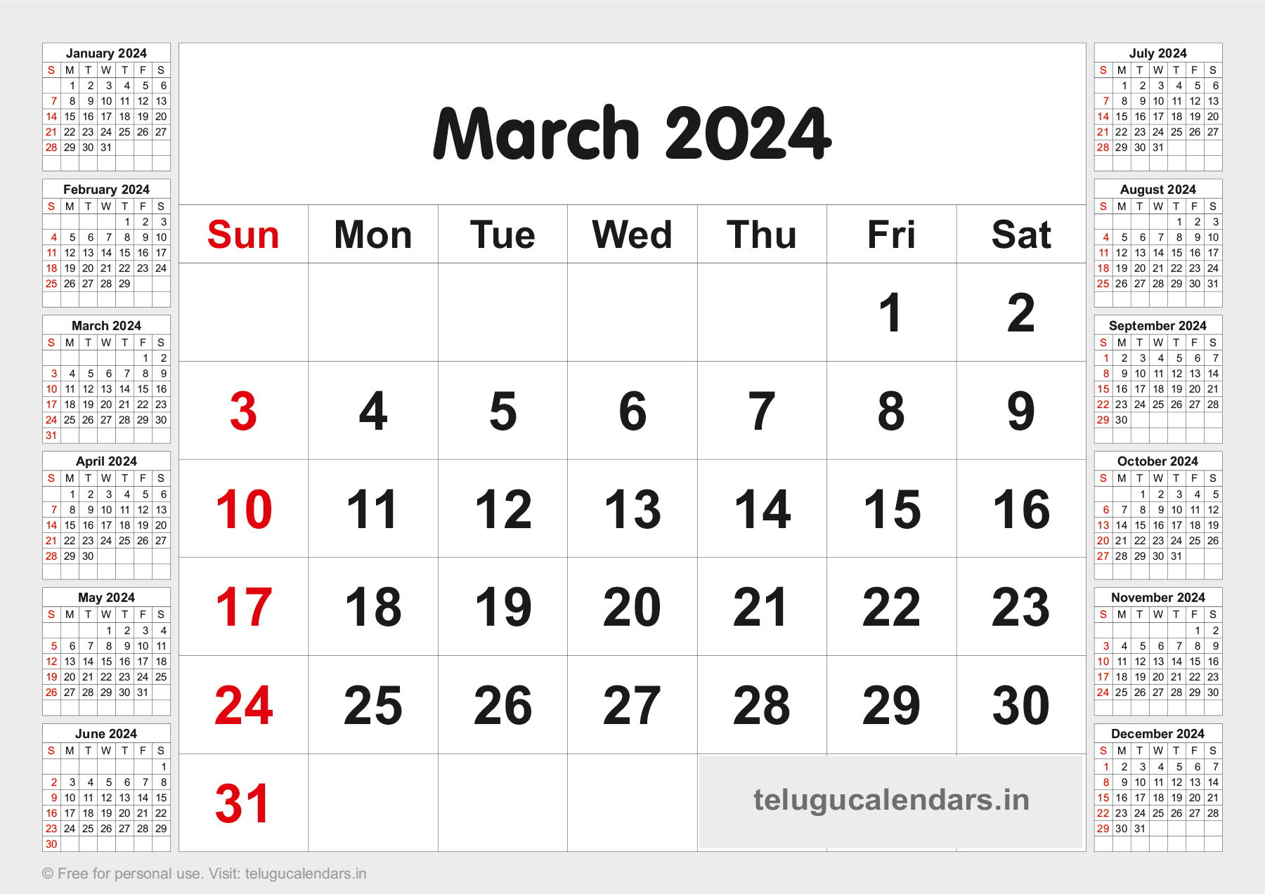 Telugu Blank Calendar 2024 March 2023 Telugu Calendar PDF