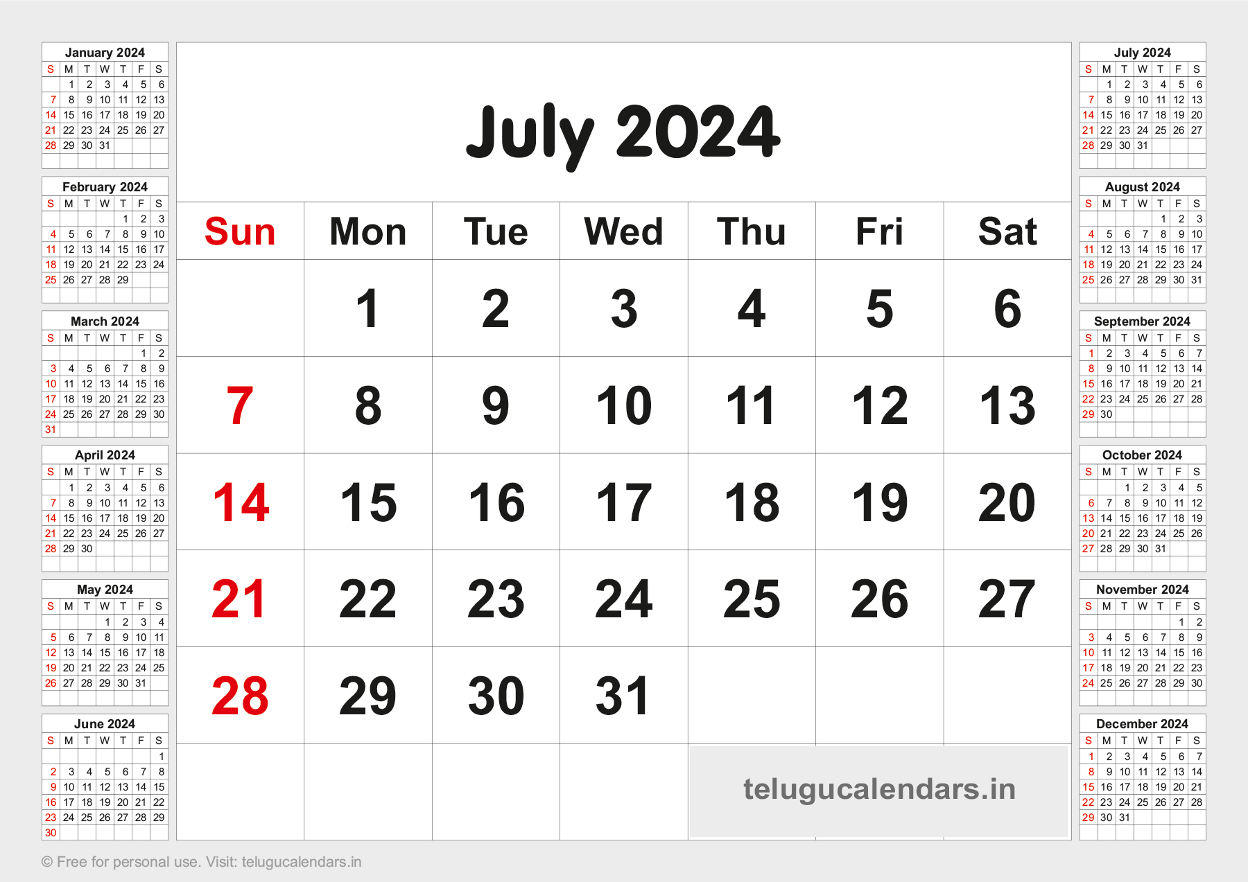 Telugu Blank Calendar 2024 July 2023 Telugu Calendar PDF