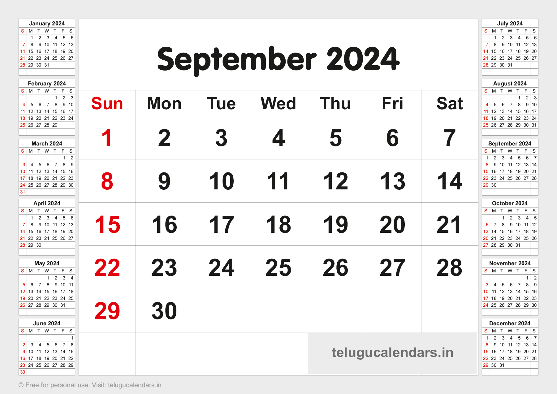 Telugu Blank Calendar 2024 September 2023 Telugu Calendar PDF