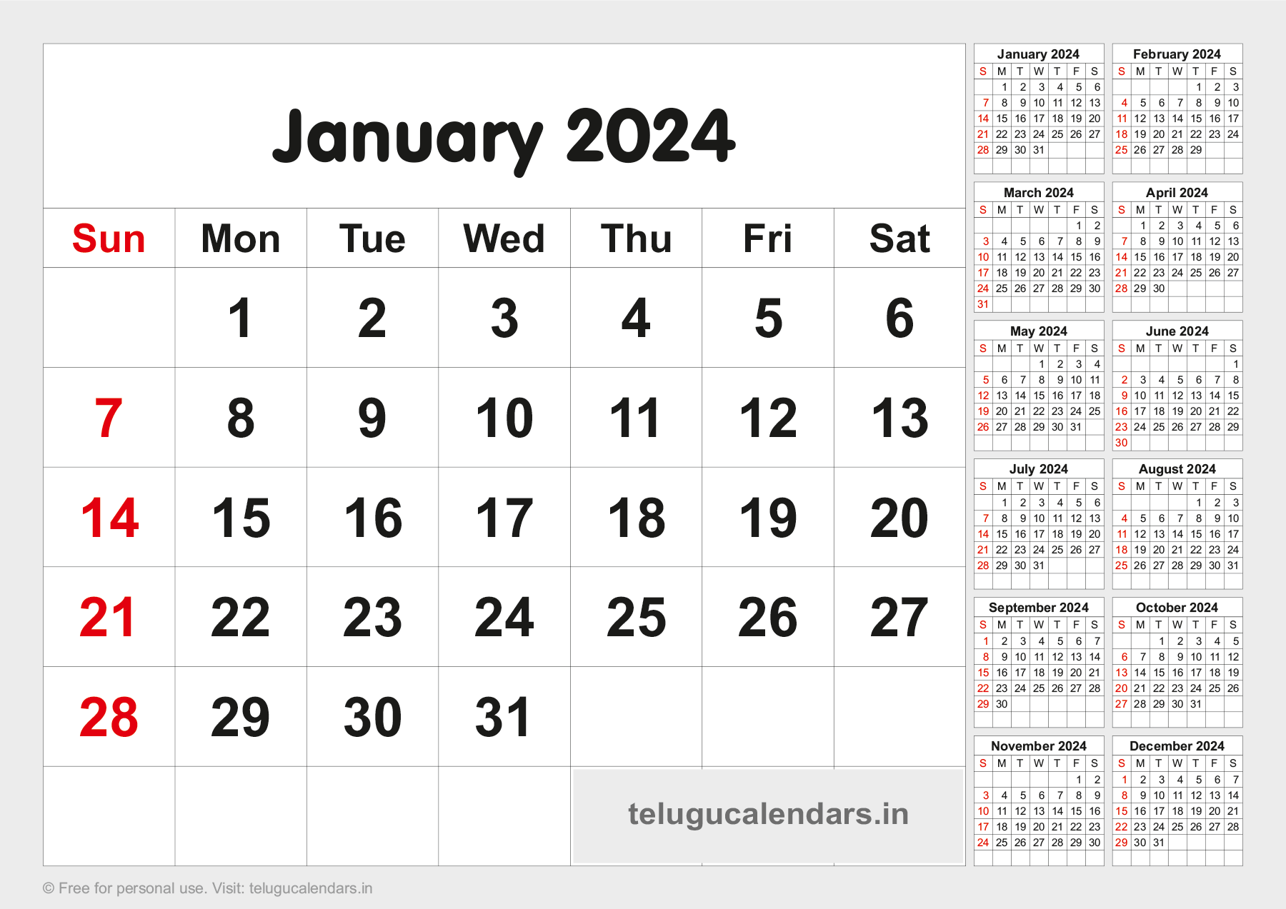 Telugu Blank Calendar 2024 January 2024 Telugu Calendar PDF