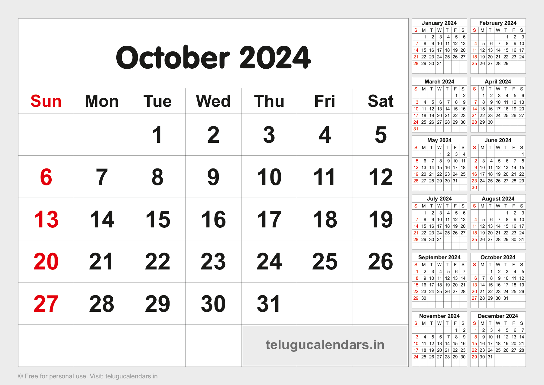 Telugu Blank Calendar 2024 October 2024 Telugu Calendar PDF