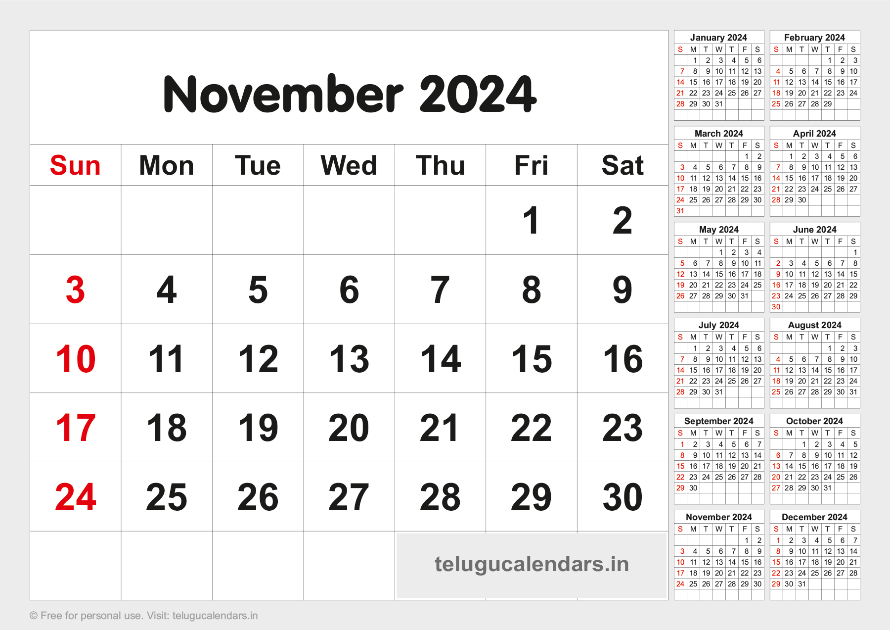 Telugu Blank Calendar 2024 November 2024 Telugu Calendar PDF