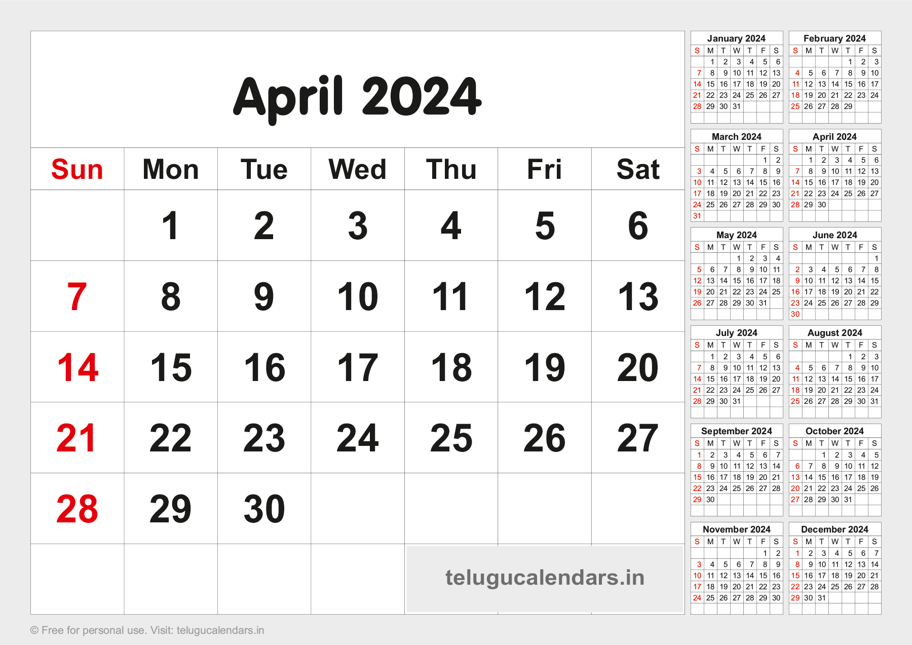 Telugu Blank Calendar 2024 April 2024 Telugu Calendar PDF