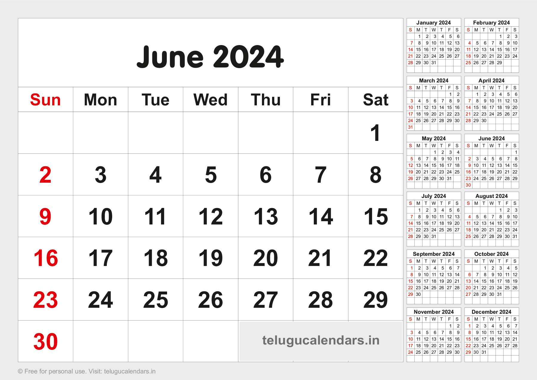 Telugu Blank Calendar 2024 June 2023 Telugu Calendar PDF