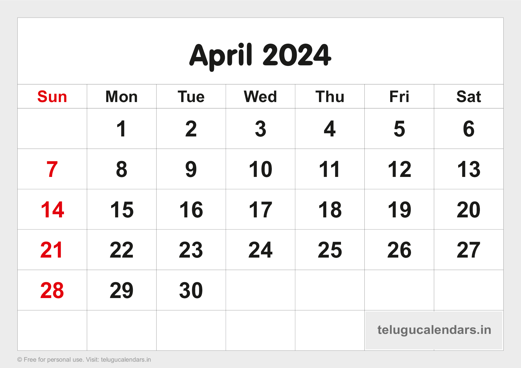 Telugu Blank Calendar 2024 April - 2023 Telugu Calendar PDF