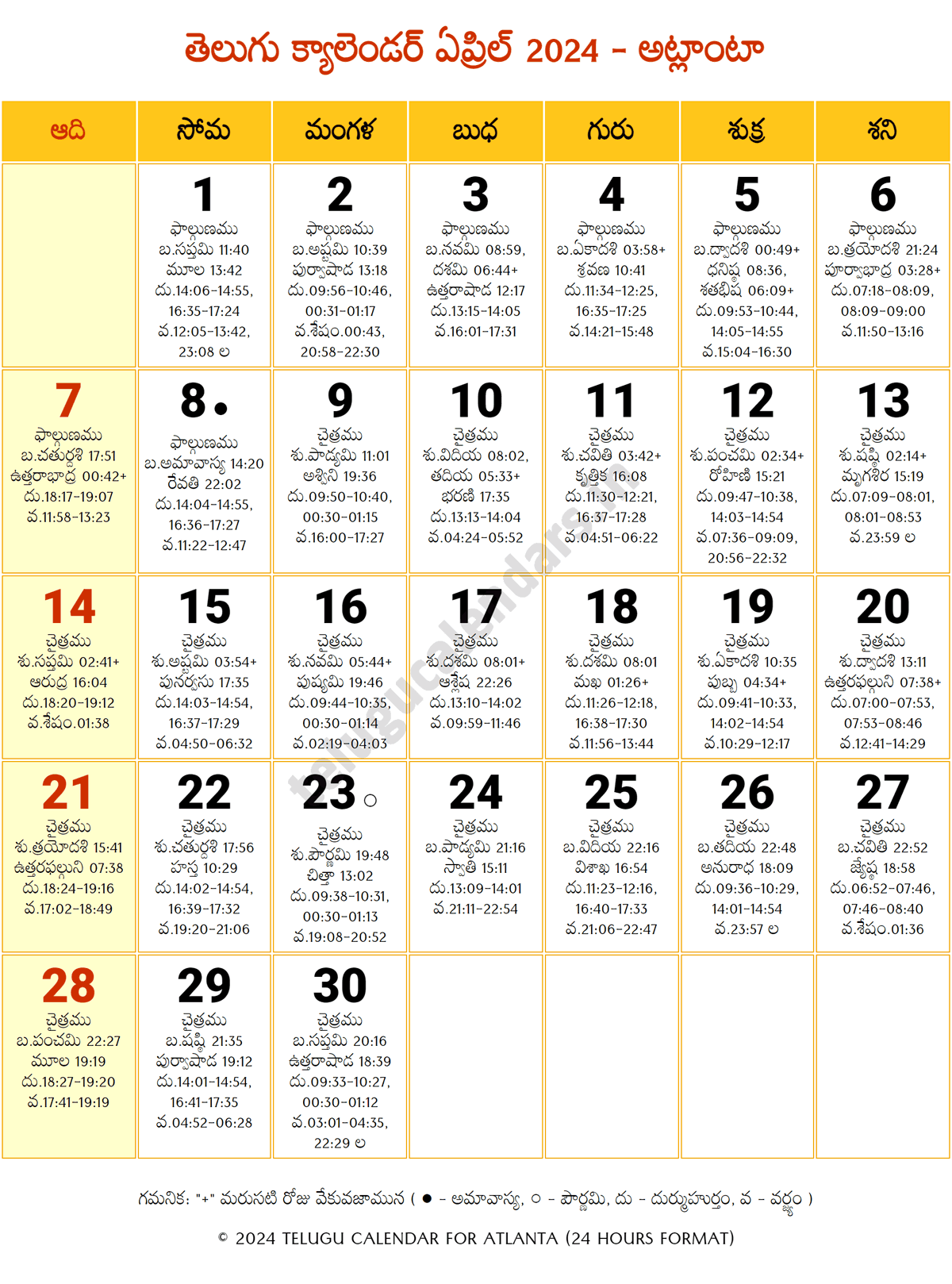Atlanta 2024 Telugu Calendar April
