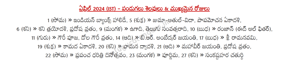 Telugu Festivals 2024 April (IST)