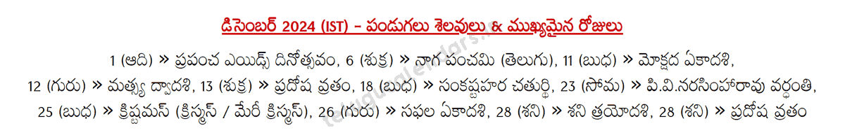 Telugu Festivals 2024 December (IST)