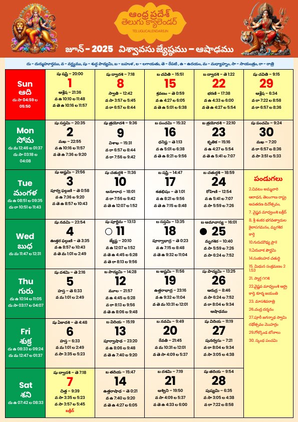 Andhra Pradesh June Telugu Calendar 2025