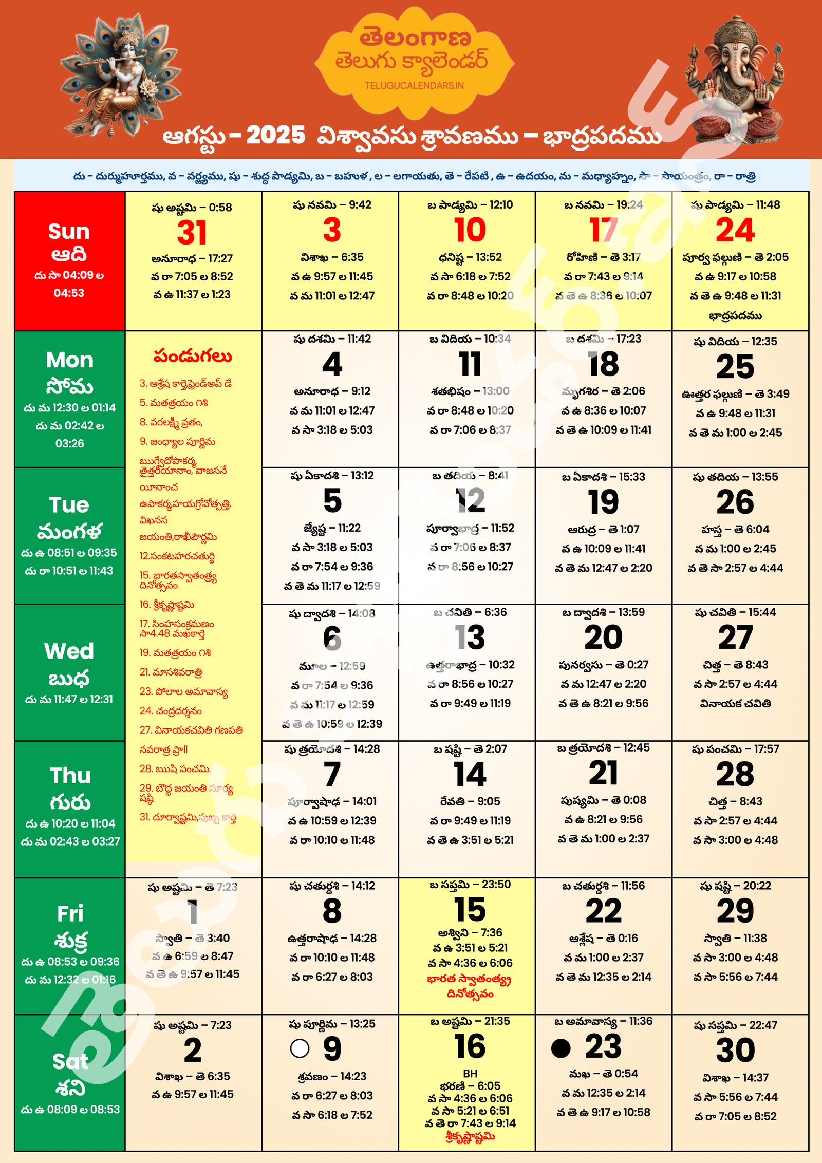 Telangana Telugu Calendar 2025 August