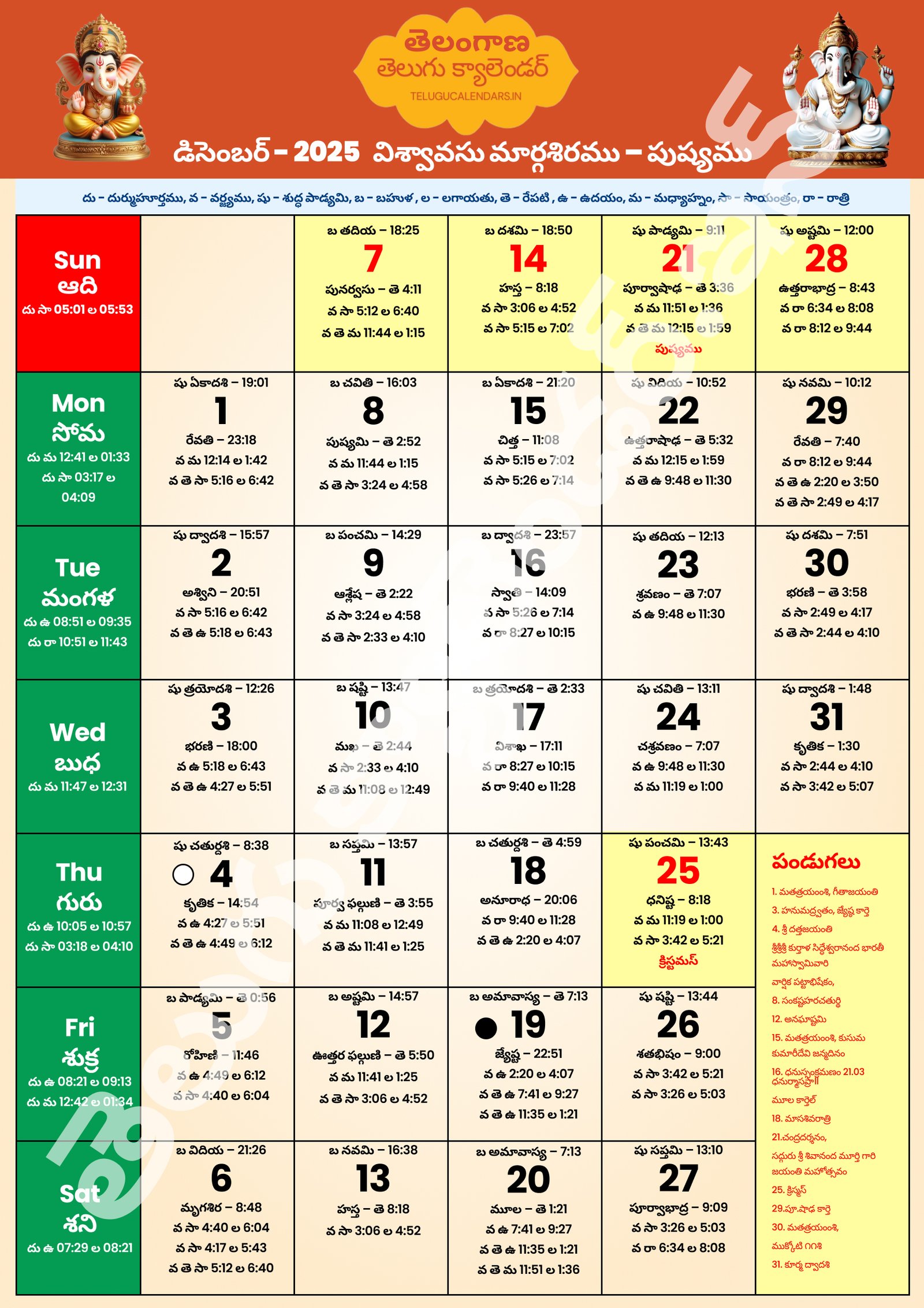 Telangana Telugu Calendar 2025 December