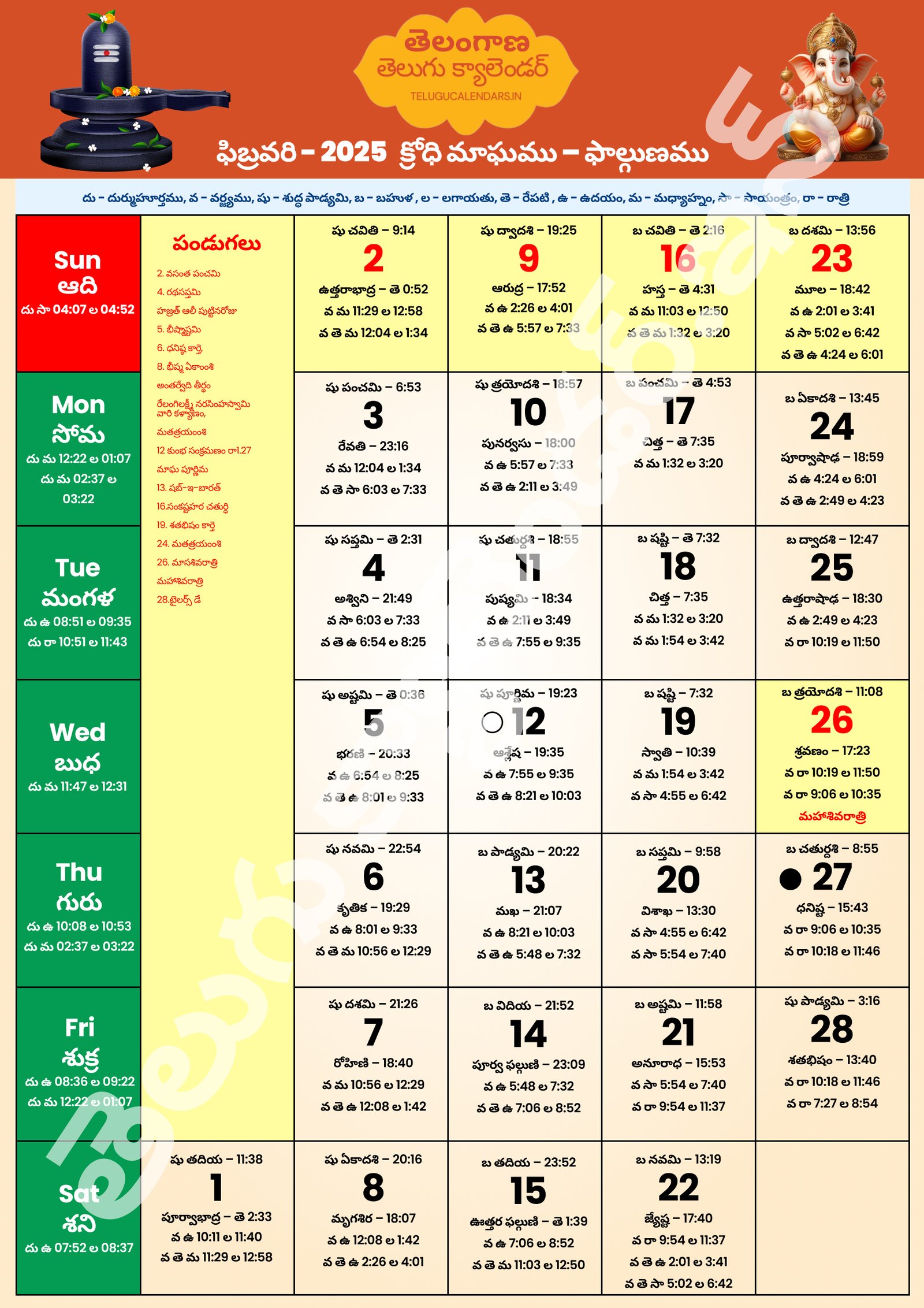 Telangana Telugu Calendar 2025 Febraury