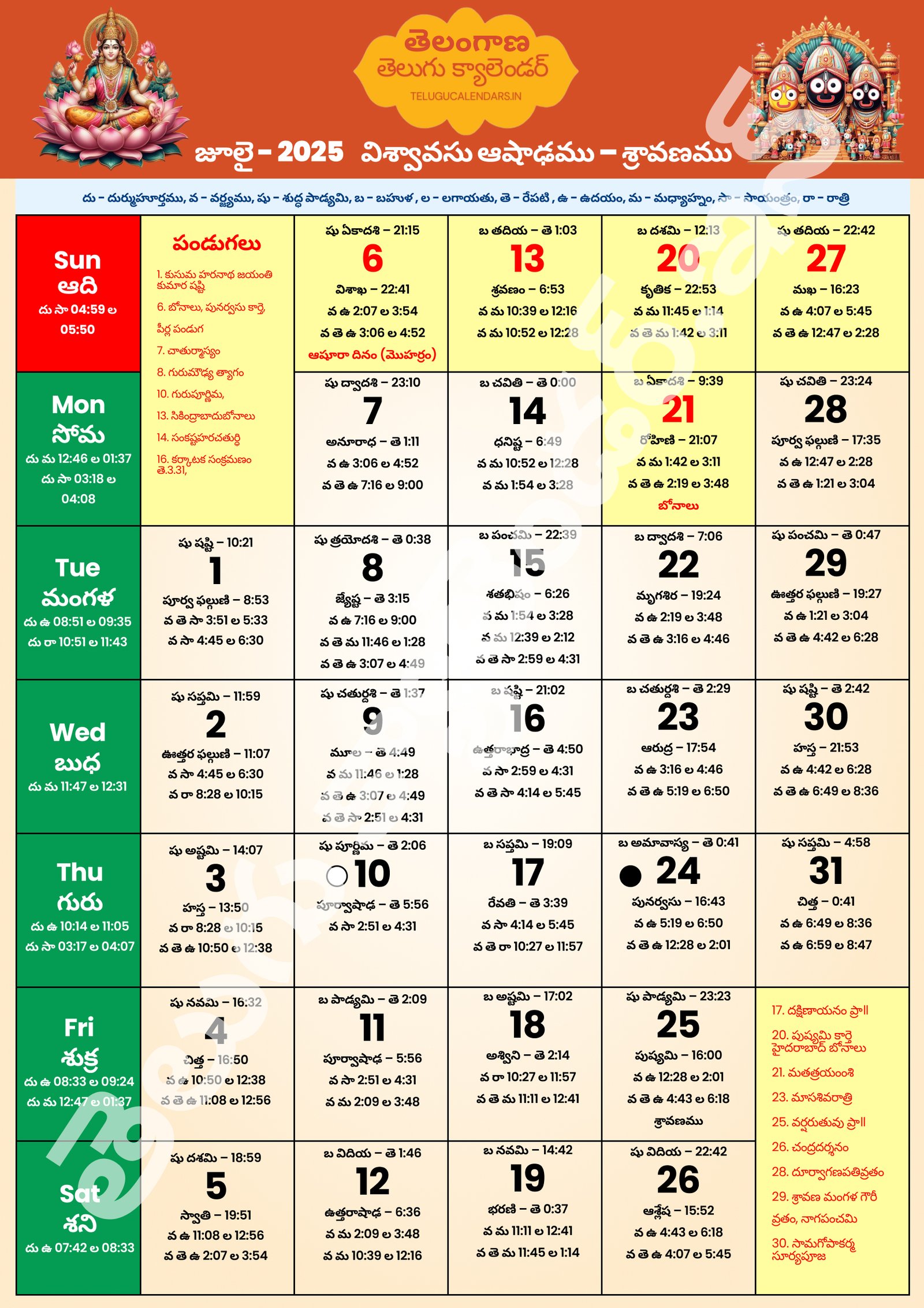 Telangana Telugu Calendar 2025 July